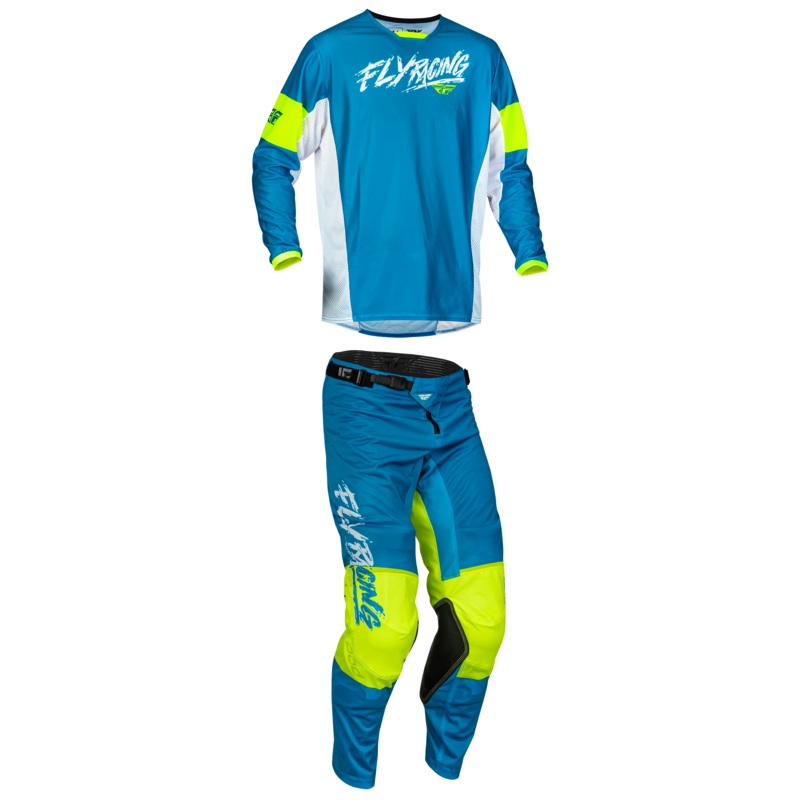 2023.5 Fly Racing Kinetic Mesh Khaos Blue/White/Hi-Vis Gear Combo – Youth (6-13)