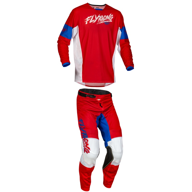 2023.5 Fly Racing Kinetic Mesh Khaos Red/White/Blue Gear Combo – Youth (6-13)