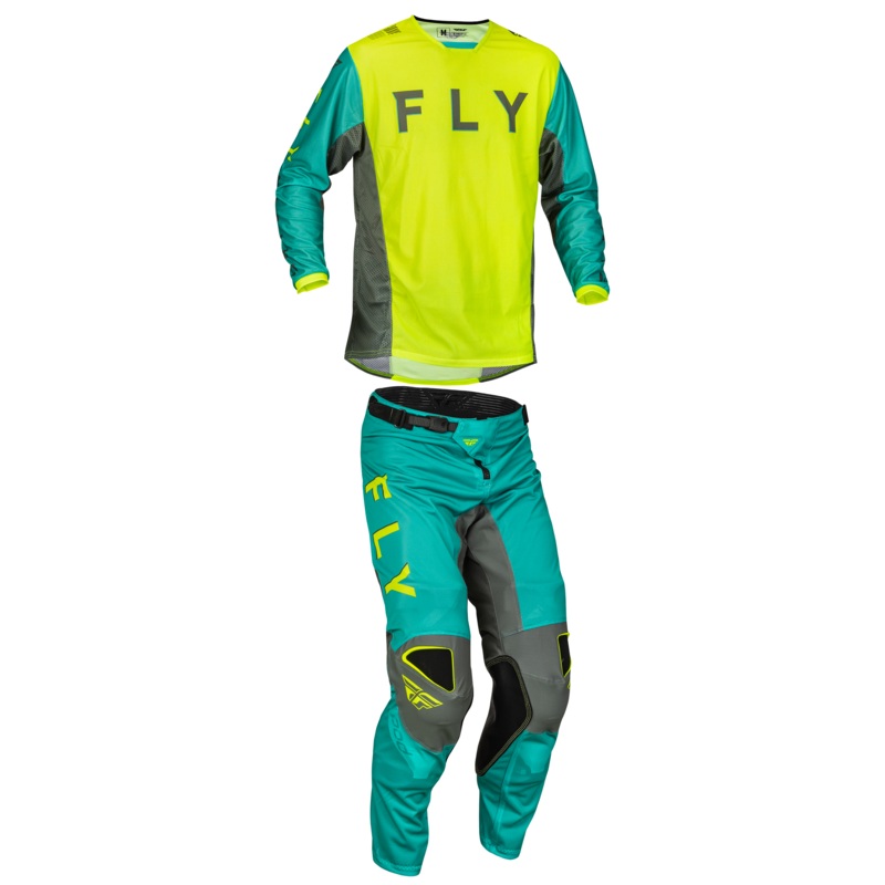 2023.5 Fly Racing Kinetic Mesh Kore Hi-Vis/Teal/Grey Gear Combo – Adult