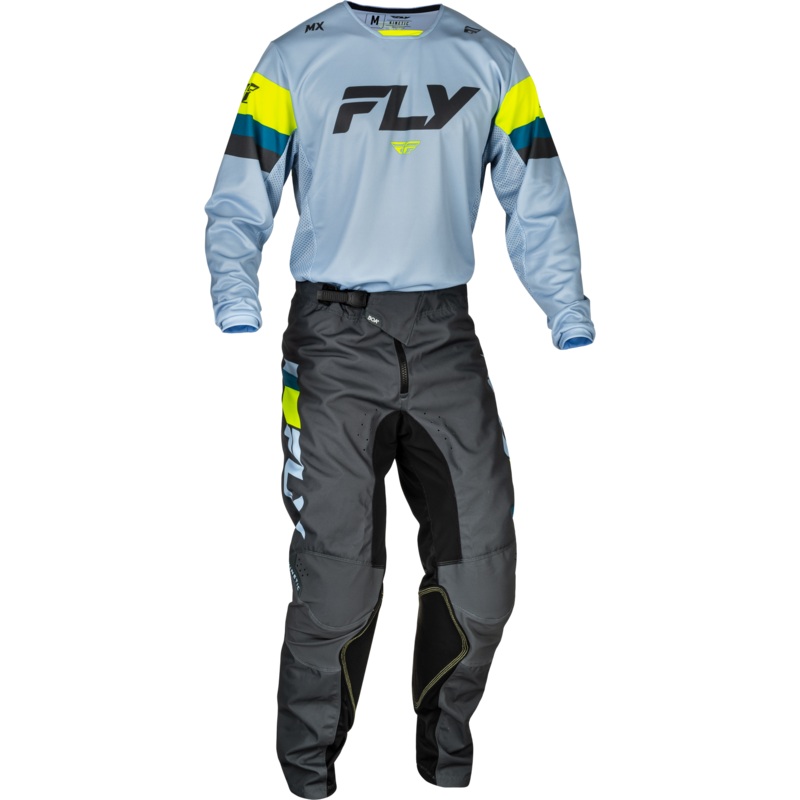 2024 Fly Racing Kinetic Prix Ice Grey/Charcoal/Hi-Vis Gear Combo – Adult