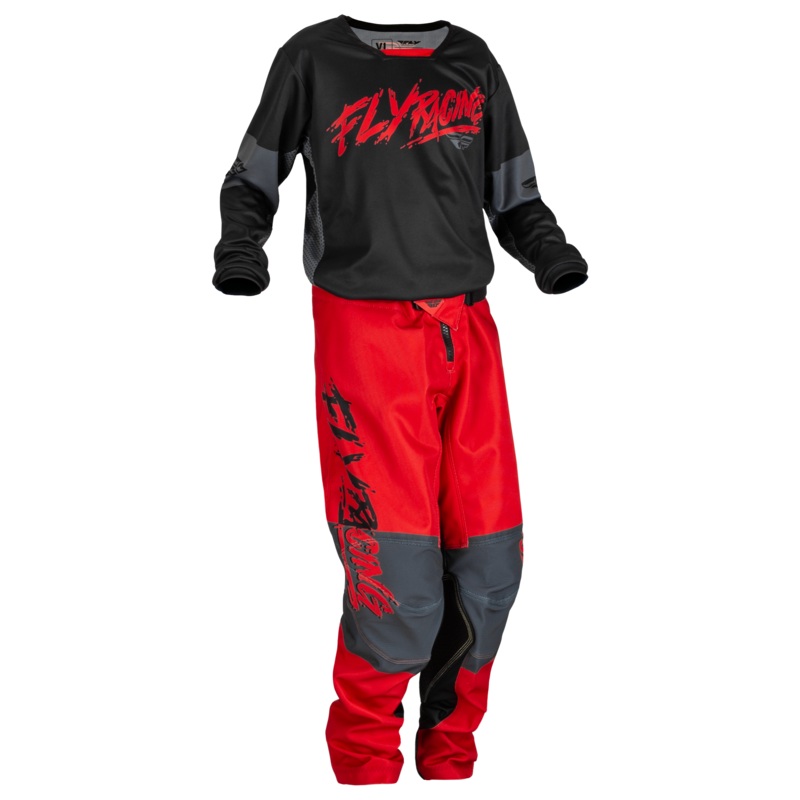 2024 Fly Racing Youth Kinetic Khaos Black/Red/Grey Gear Combo