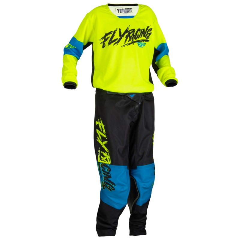 2024 Fly Racing Youth Kinetic Khaos Hi-Vis/Black/Cyan Gear Combo
