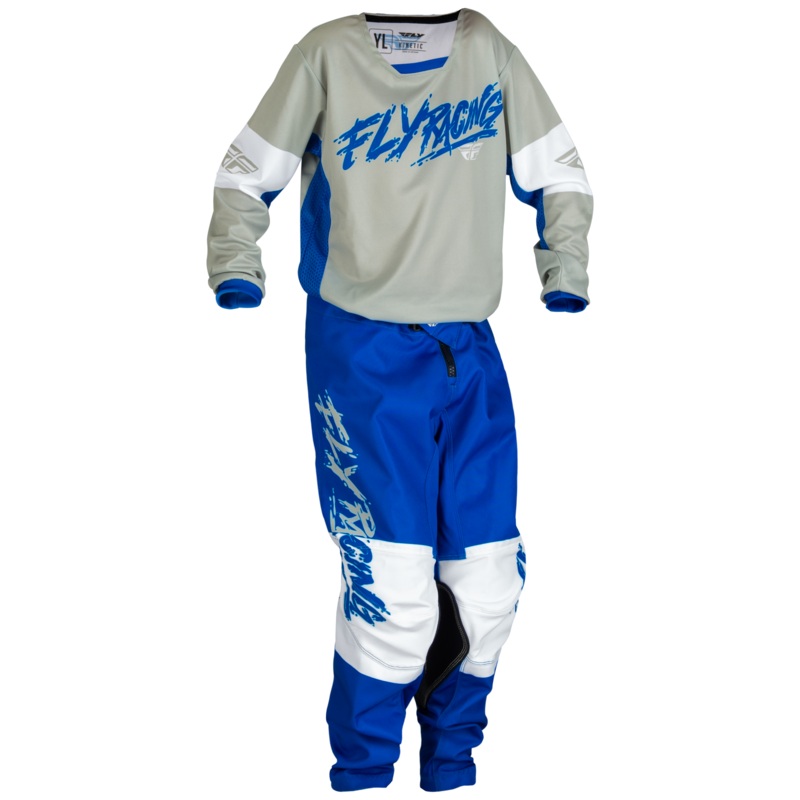 2024 Fly Racing Youth Kinetic Khaos Light Grey/Blue/White Gear Combo