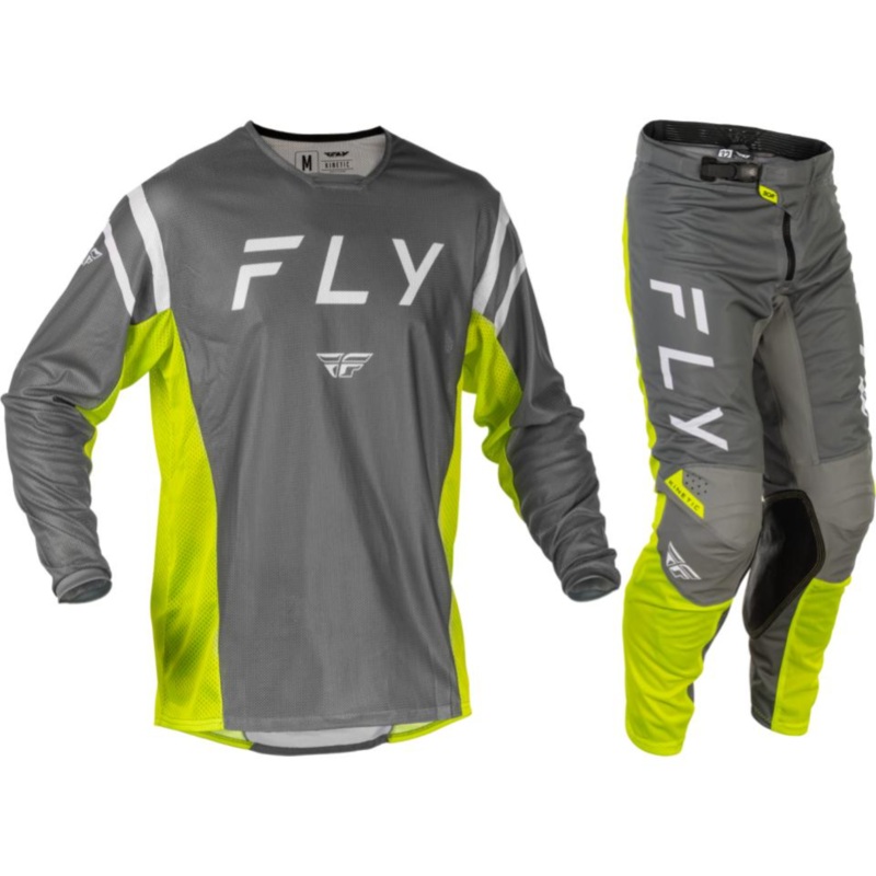 2025.5 Fly Racing Adult Kinetic Mesh Center Grey/White/Hi-Vis Gear Combo