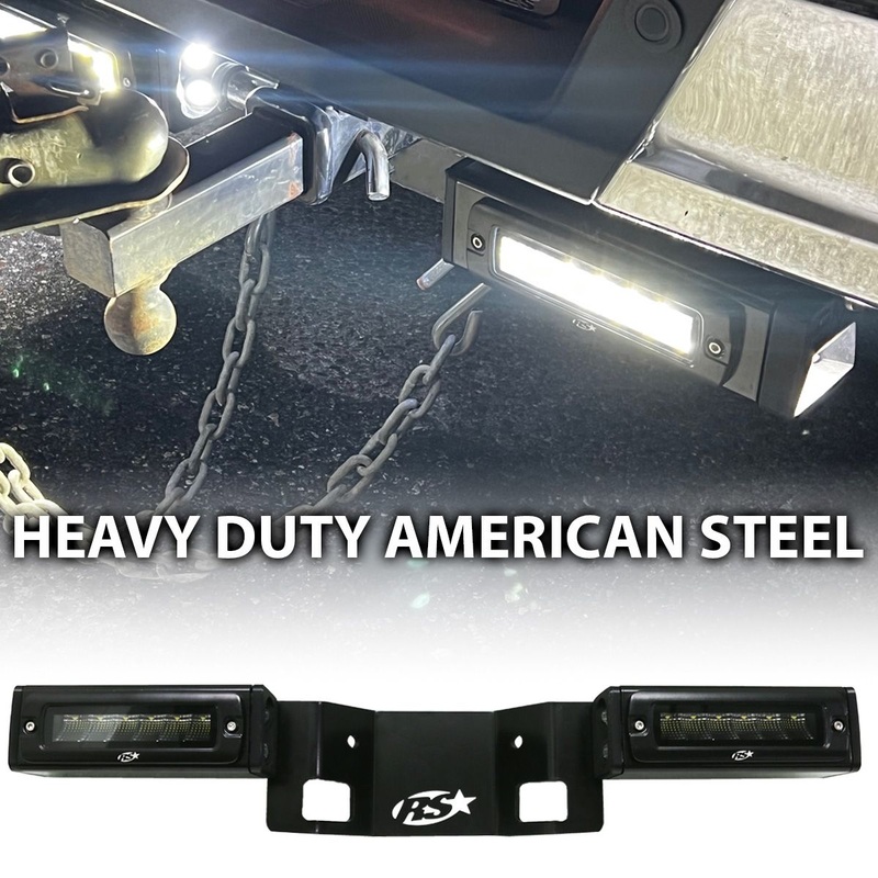 Race Sport GM1500HB19UP – 20-24 Chevy GMC 1500 Hitch Bar Reverse 7in LED Flood Lighting Heavy Duty Bolt-On Blacked Out Kit with Heated Lens and Dual End Light Cap